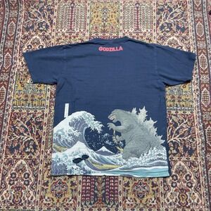 Godzilla Great Wave Off Kanagawa Graphic T-Shirt Half AOP Navy Blue Tee L-XL